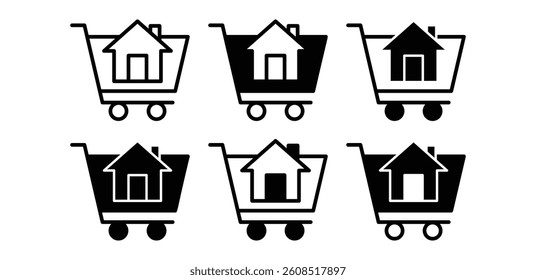 Shopping Cart House Icons Set Black and White Color Vector Design
