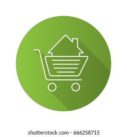 Shopping cart with house inside. Flat linear long shadow icon. Property purchase. Vector outline symbol