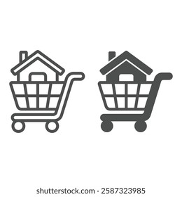 Shopping cart with house line and solid icon, housing market concept. Vector graphics. Buy purchase cottage building basket sign on white background, outline style icon for mobile or web design