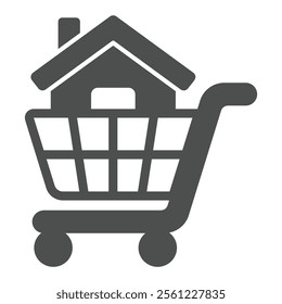 Shopping cart with house solid icon, housing market concept. Vector graphics. Buy purchase cottage building basket sign on white background, glyph style icon for mobile or web design