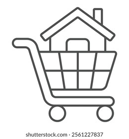 Shopping cart with house thin line icon, housing market concept. Vector graphics. Buy purchase cottage building basket sign on white background, outline style icon for mobile or web design