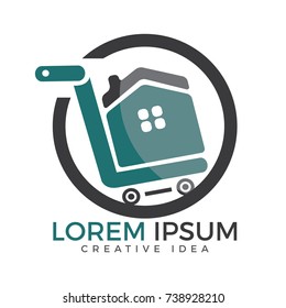 Shopping cart with house vector logo design. Shop home logotype. Home market logo. Shopping house logo.