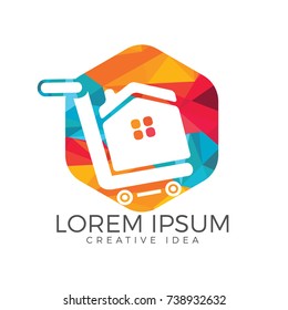 Shopping cart with house vector logo design. Shop home logotype. Home market logo. Shopping house logo.