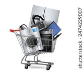 Shopping cart with household appliances on a white background. Vector illustration