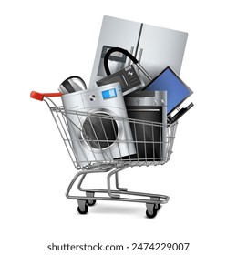 Shopping cart with household appliances on a white background. Vector illustration