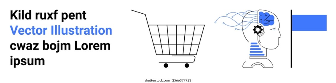 A shopping cart, a human head with gears and circuits, and a blue flag. Ideal for online shopping, AI technology, e-commerce, digital marketing, innovation. Landing page