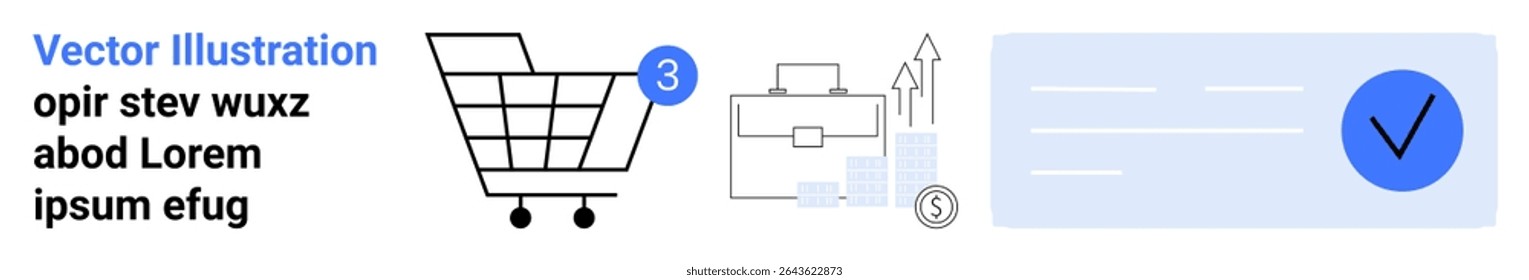 Shopping cart icon with 3 notification, briefcase with charts, and checkmark in a textbox. Ideal for e-commerce, statistics, finance, business, marketing, online shopping, quality assurance. Landing