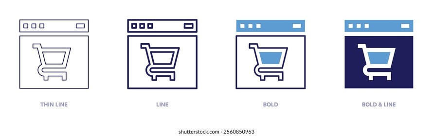 Shopping cart icon in 4 different styles. Thin Line, Line, Bold, and Bold Line. Duotone style. Editable stroke.