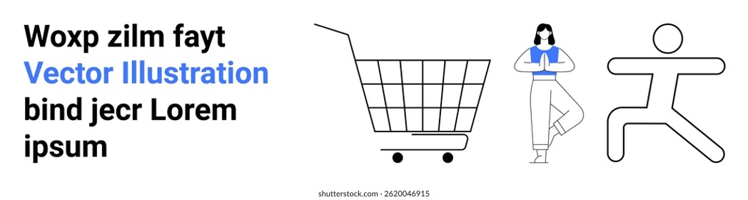 Shopping cart icon alongside a stylized figure and abstract text suggests themes of commerce health and innovation. Ideal for e-commerce lifestyle health design and modernity. Banner for landing page