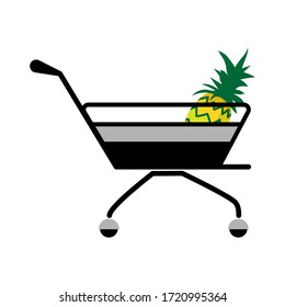 Shopping cart Icon with Ananas fruit, flat design. Vector. White background
