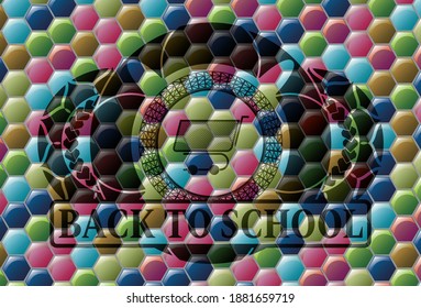 shopping cart icon and Back to School text Colorful multicolored badge. Hexagon handsome background. Artistic illustration. 
