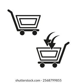 Shopping cart icon. Black basket outline. Arrow insert symbol. Vector graphic.