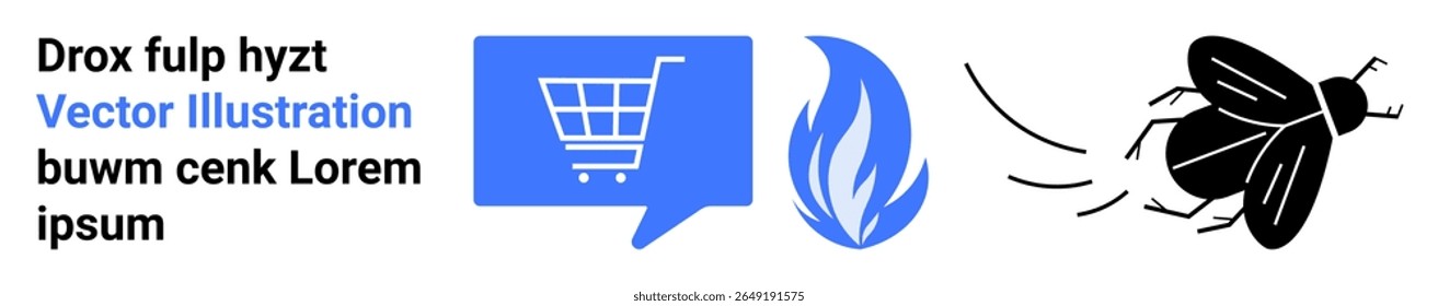 Shopping cart icon in a blue speech bubble, flame symbol, and a flying fly. Ideal for ecommerce, online shopping, digital marketing, retail industry, environmental themes, and web design. Landing