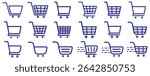 Shopping cart icon. Blue shopping cart vector isolated on white background. Blue Shopping cart trolley icon vector. Supermarket basket vector set. Store checkout isolated icon. Blue shopping cart icon