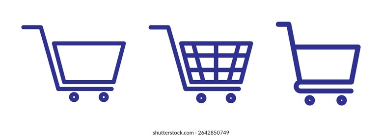 Shopping cart icon. Blue shopping cart vector isolated on white background. Blue Shopping cart trolley icon vector. Supermarket basket vector set. Store checkout isolated icon. Blue shopping cart icon