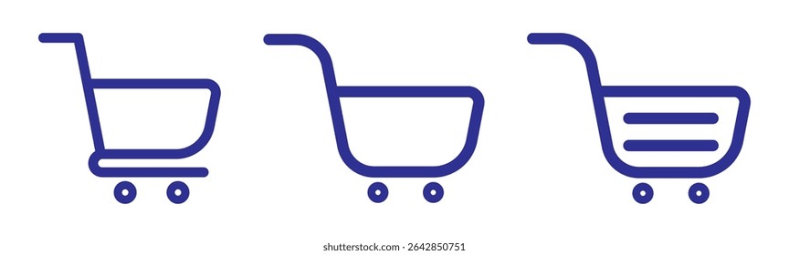 Shopping cart icon. Blue shopping cart vector isolated on white background. Blue Shopping cart trolley icon vector. Supermarket basket vector set. Store checkout isolated icon. Blue shopping cart icon