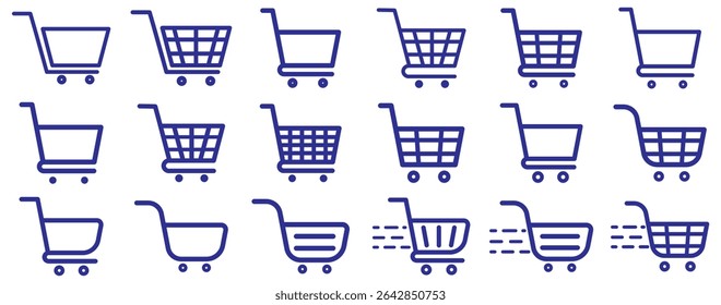 Shopping cart icon. Blue shopping cart vector isolated on white background. Blue Shopping cart trolley icon vector. Supermarket basket vector set. Store checkout isolated icon. Blue shopping cart icon