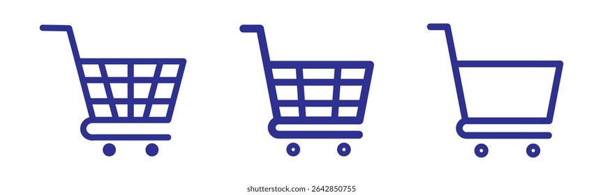 Shopping cart icon. Blue shopping cart vector isolated on white background. Blue Shopping cart trolley icon vector. Supermarket basket vector set. Store checkout isolated icon. Blue shopping cart icon