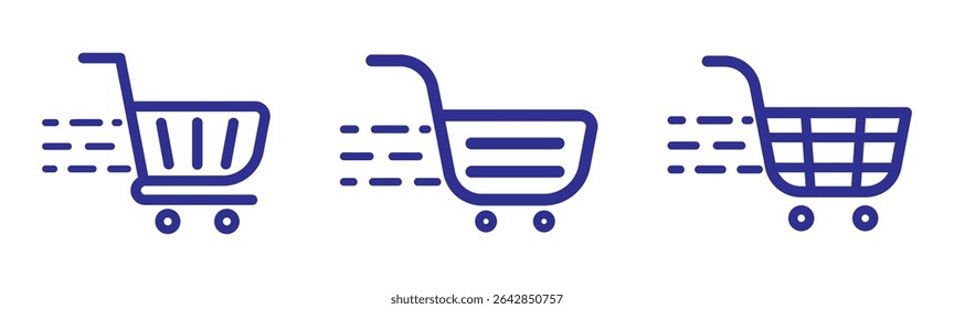Shopping cart icon. Blue shopping cart vector isolated on white background. Blue Shopping cart trolley icon vector. Supermarket basket vector set. Store checkout isolated icon. Blue shopping cart icon