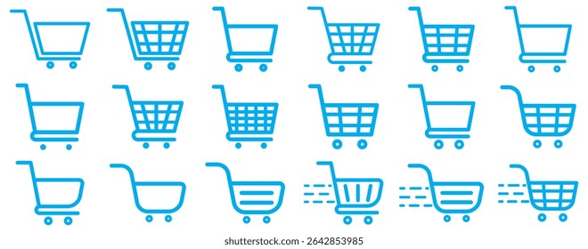 Shopping cart icon. Blue shopping cart vector isolated on white background. Blue Shopping cart trolley icon vector. Supermarket basket vector set. Shopping basket icon collection. 