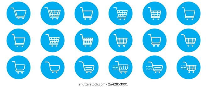 Shopping cart icon. Blue shopping cart vector isolated on white background. Blue Shopping cart trolley icon vector. Supermarket basket vector set. Shopping basket icon collection. 