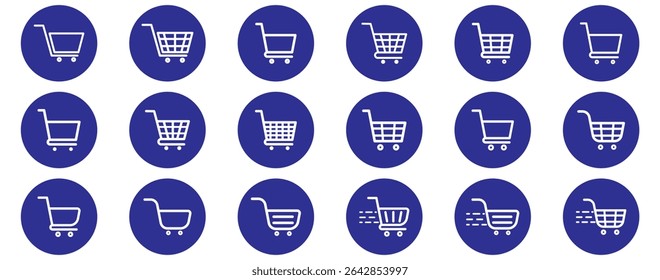 Shopping cart icon. Blue shopping cart vector isolated on white background. Blue Shopping cart trolley icon vector. Supermarket basket vector set. Shopping basket icon collection. 