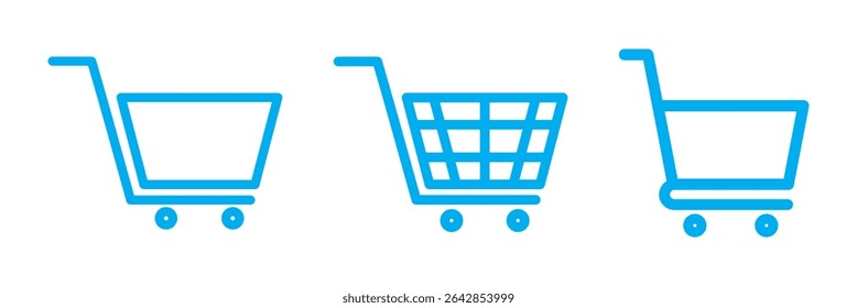 Shopping cart icon. Blue shopping cart vector isolated on white background. Blue Shopping cart trolley icon vector. Supermarket basket vector set. Shopping basket icon collection. 