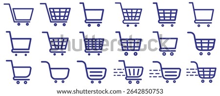 Shopping cart icon. Blue shopping cart vector isolated on white background. Blue Shopping cart trolley icon vector. Supermarket basket vector set. Store checkout isolated icon. Blue shopping cart icon