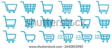 Shopping cart icon. Blue shopping cart vector isolated on white background. Blue Shopping cart trolley icon vector. Supermarket basket vector set. Shopping basket icon collection. 