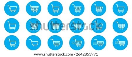Shopping cart icon. Blue shopping cart vector isolated on white background. Blue Shopping cart trolley icon vector. Supermarket basket vector set. Shopping basket icon collection. 