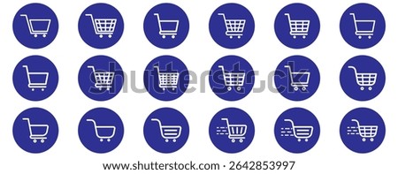 Shopping cart icon. Blue shopping cart vector isolated on white background. Blue Shopping cart trolley icon vector. Supermarket basket vector set. Shopping basket icon collection. 
