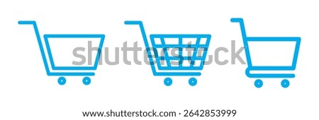 Shopping cart icon. Blue shopping cart vector isolated on white background. Blue Shopping cart trolley icon vector. Supermarket basket vector set. Shopping basket icon collection. 