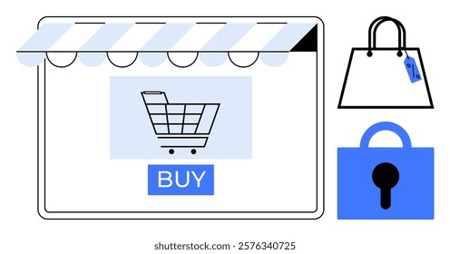 A shopping cart icon with a buy button on a store window, a shopping bag, and a padlock symbol in blue and black colours. Ideal for online shopping, e-commerce security, digital retail, consumer