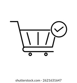 Icono de Carrito de compras con un estilo de línea de diseño de Vector de marca de verificación