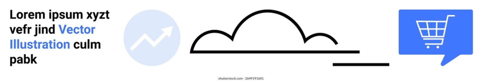 Shopping cart icon, cloud line art, and analytics graph in blue and black color scheme. Ideal for online shopping, e-commerce, cloud storage, data analytics, web design, digital marketing
