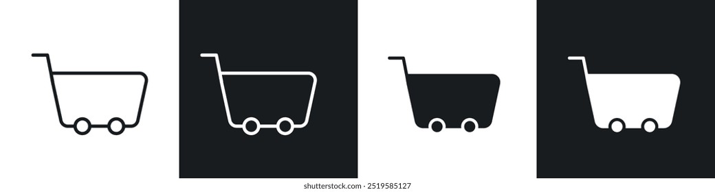 Shopping cart icon collection in black and white filled and stroke line style.