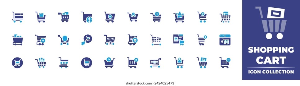 Colección de iconos de carrito de compras. Color de duotona. Ilustración vectorial y transparente. Conteniendo carrito de compras, sin carrito, carrito, compras online, online. 