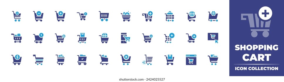 Colección de iconos de carrito de compras. Color de duotona. Ilustración vectorial y transparente. Conteniendo carrito de la compra, añadir al carrito, carrito, comprar en línea. 