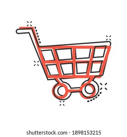 Shopping cart icon in comic style. Trolley cartoon vector illustration on white isolated background. Basket splash effect business concept.