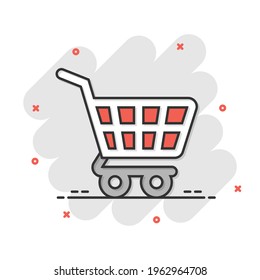 Shopping cart icon in comic style. Trolley cartoon vector illustration on white isolated background. Basket splash effect business concept.