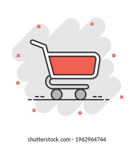 Shopping cart icon in comic style. Trolley cartoon vector illustration on white isolated background. Basket splash effect business concept.