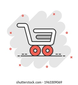 Shopping cart icon in comic style. Trolley cartoon vector illustration on white isolated background. Basket splash effect business concept.