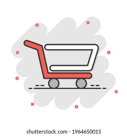 Shopping cart icon in comic style. Trolley cartoon vector illustration on white isolated background. Basket splash effect business concept.