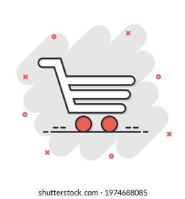 Shopping cart icon in comic style. Trolley cartoon vector illustration on white isolated background. Basket splash effect business concept.