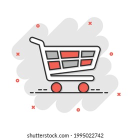 Shopping cart icon in comic style. Trolley cartoon vector illustration on white isolated background. Basket splash effect business concept.