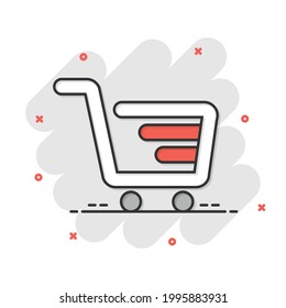 Shopping cart icon in comic style. Trolley cartoon vector illustration on white isolated background. Basket splash effect business concept.