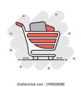 Shopping cart icon in comic style. Trolley cartoon vector illustration on white isolated background. Basket splash effect business concept.