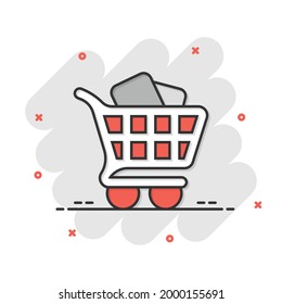 Shopping cart icon in comic style. Trolley cartoon vector illustration on white isolated background. Basket splash effect business concept.