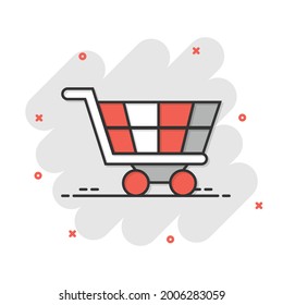 Shopping cart icon in comic style. Trolley cartoon vector illustration on white isolated background. Basket splash effect business concept.