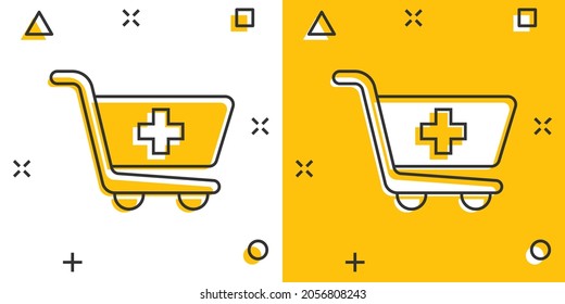 Shopping cart icon in comic style. Trolley cartoon vector illustration on white isolated background. Basket splash effect business concept.